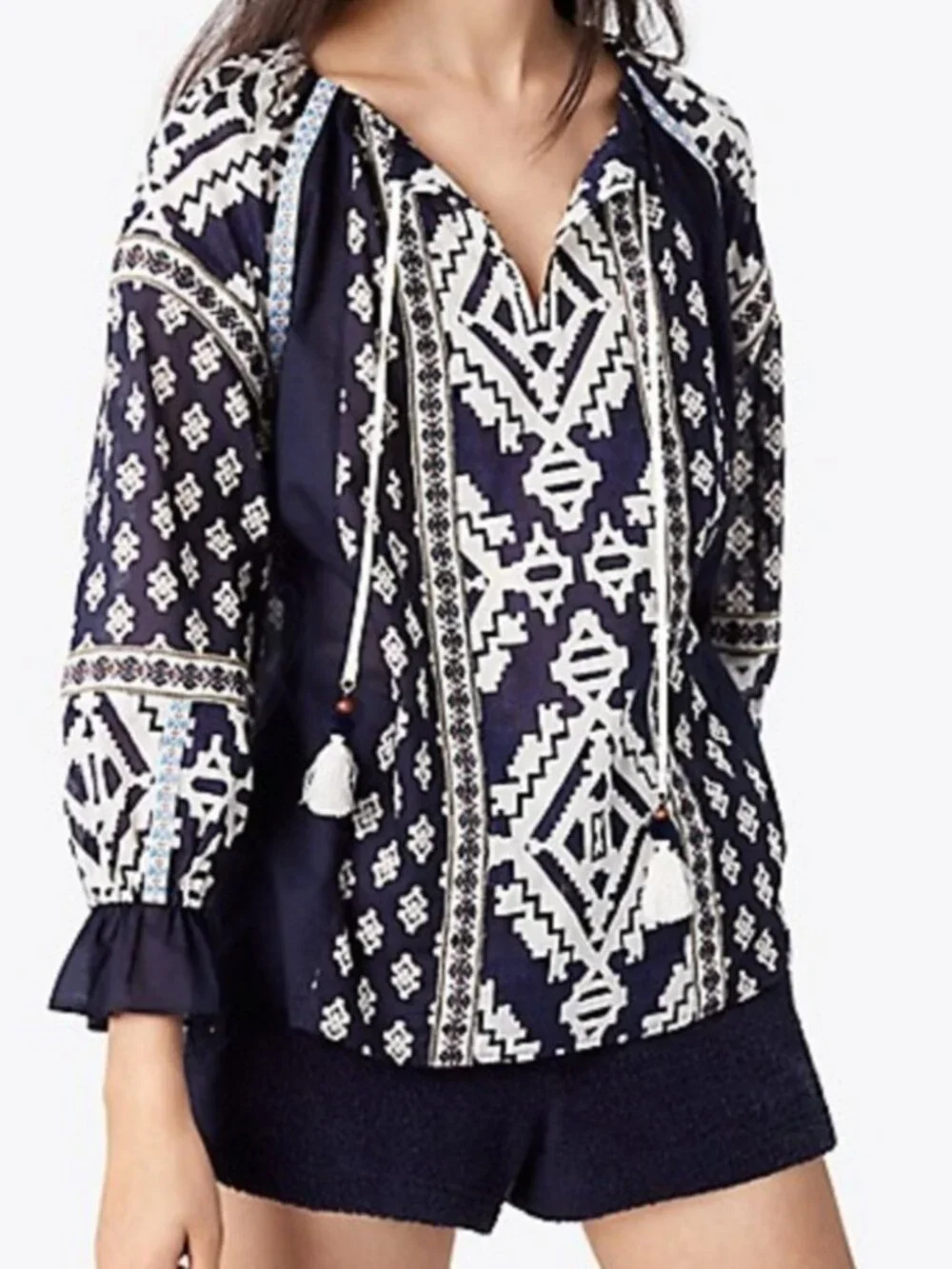 Tory Burch Candice Navy White Tassel Split Neck Printed Cotton Top